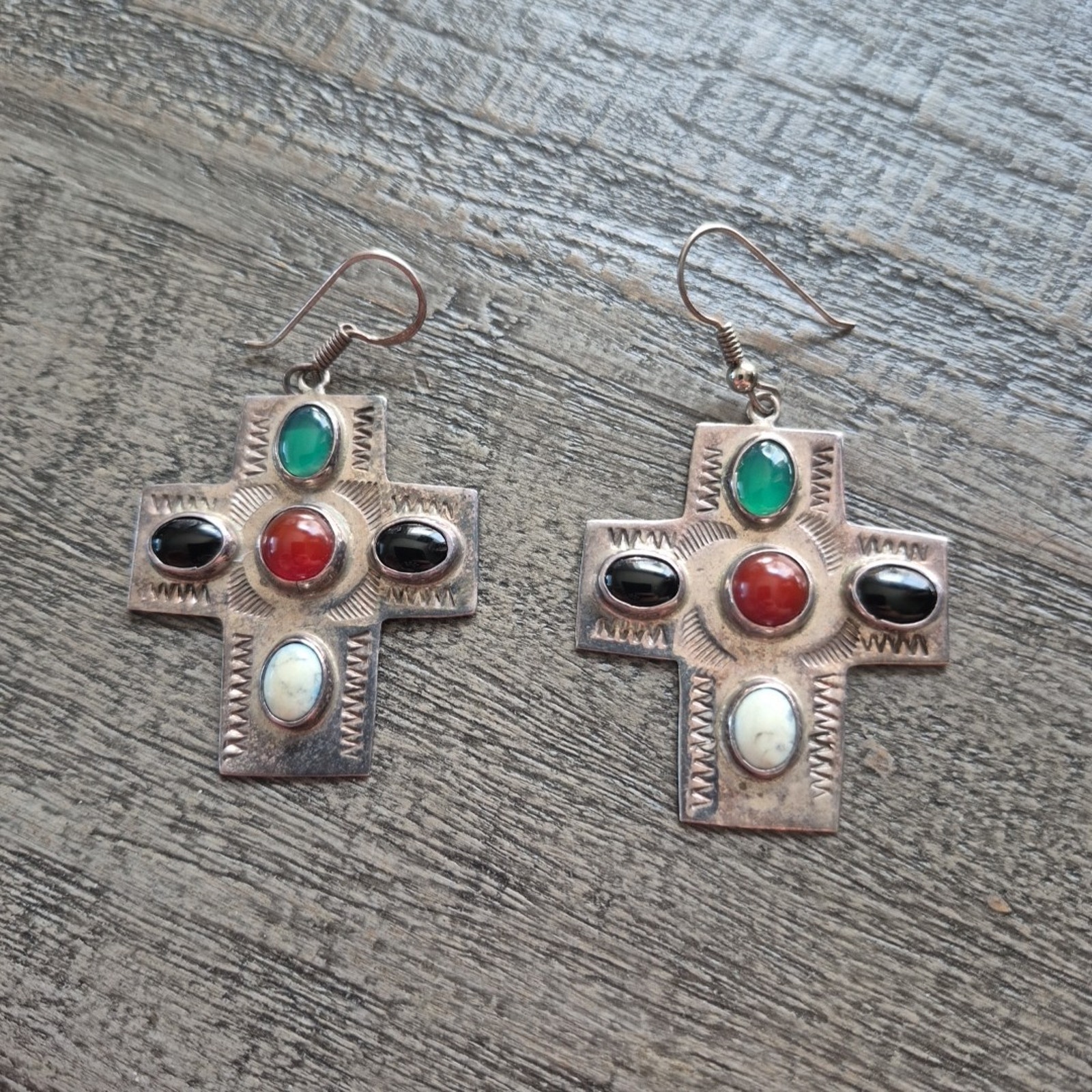 Vintage Taxco Mexico Sterling 925 Signed Cross Earrings Inlay Stones Tm-247 90$